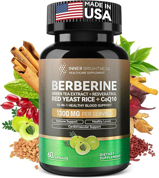 Berberine 1300mg with Green Tea Extract, Resveratrol, Red Yeast Rice & CoQ10 – 13-in-1 Immune Health, Natural Metabolic Support – 60 Capsules – Non-GMO, Lab Tested