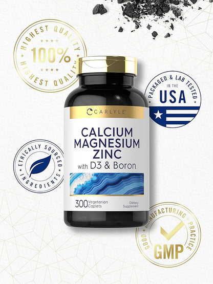 Carlyle Calcium Magnesium Zinc Vitamin D3 Supplement with Boron | 300 Caplets | Vegetarian, Non-GMO