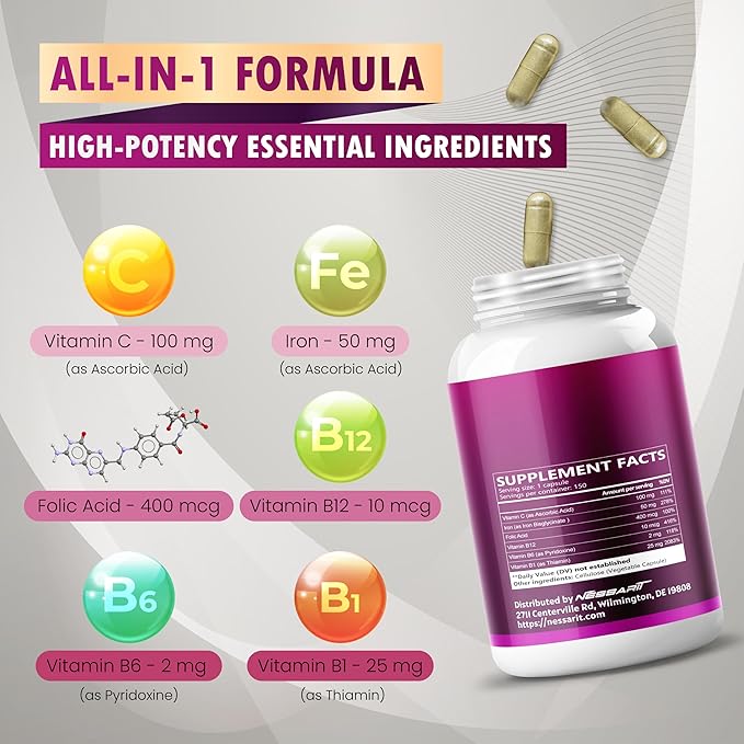 Organic Iron High Potency with Vitamin C, Folic Acid - High-Absorption Formula Vitamin B1, Vitamin B6, Vitamin B12 - Support Blood Building - 150 Count - Made & Tested in The USA