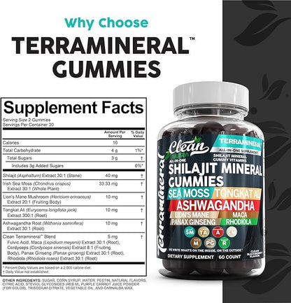 Terramineral Shilajit Gummies with Irish Sea Moss Tongkat Ali Ashwagandha Lion's Mane MACA Panax Ginseng Rhodiola & Cordyceps by Clean Nutra (1)