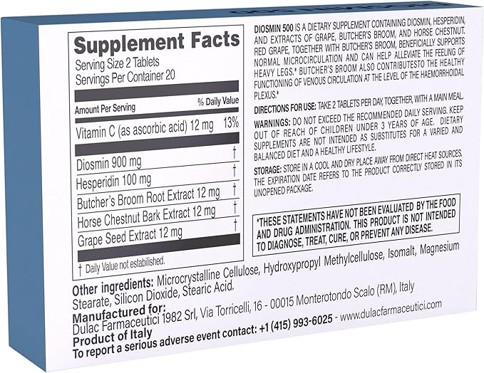 Dulàc - Diosmin 500 Hemorrhoid and Leg Vein Supplement 40 Tablets, Diosmin, Horse Chestnut Extract, Butchers Broom, Hesperidin for Circulation, Made in Italy