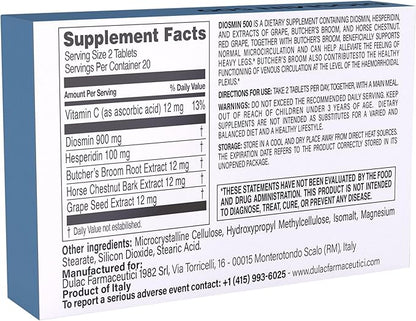 Dulàc - Diosmin 500 Hemorrhoid and Leg Vein Supplement 40 Tablets, Diosmin, Horse Chestnut Extract, Butchers Broom, Hesperidin for Circulation, Made in Italy