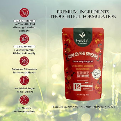 Korean Red Ginseng Prime Extract with 11mg Ginsenosides - Boost Energy, Memory & Immunity, 6-Year-Old Ginseng Drink for Circulation & Skin -5 Pouches (30mL*5)