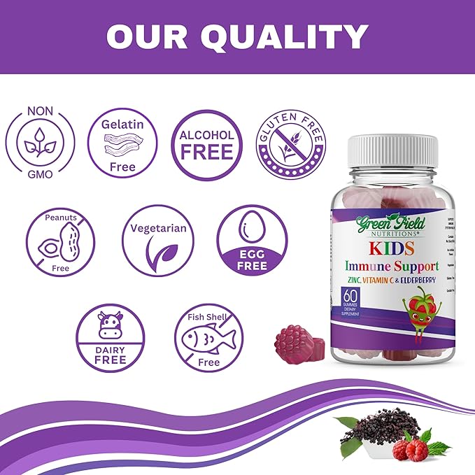 Greenfield Nutritions Halal Immune Support Elderberry Gummies for Kids - Supports Your Immune System Naturally with Halal Zinc and Vitamin C Gummy Halal Vitamins - 60 Delicious Kids Gummy Vitamins
