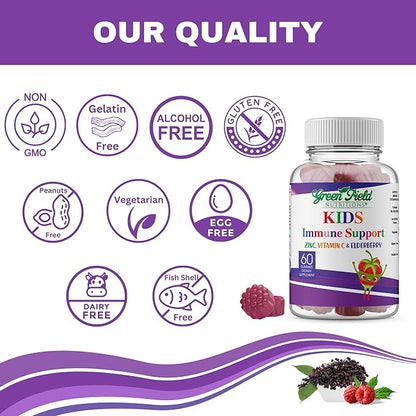 Greenfield Nutritions Halal Immune Support Elderberry Gummies for Kids - Supports Your Immune System Naturally with Halal Zinc and Vitamin C Gummy Halal Vitamins - 60 Delicious Kids Gummy Vitamins