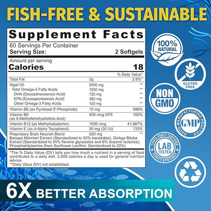 (Made in USA) Fish Oil Alternative Omega-3 Supplement for Women Men, Vegan Algae Oil Science Backed 2:1 Ratio DHA 720mg EPA 360mg, Plant Based Omega-3 Softgels for Brain Eye, No Fish Taste, 120Cts