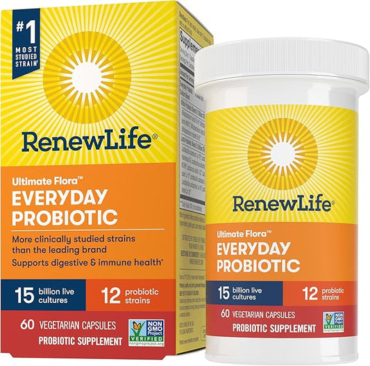 Renew Life Everyday Probiotic Capsules, Daily Supplement Supports Urinary, Digestive and Immune Health, L. Rhamnosus GG, Dairy, Soy and gluten-free, 15 Billion CFU, 60 Count