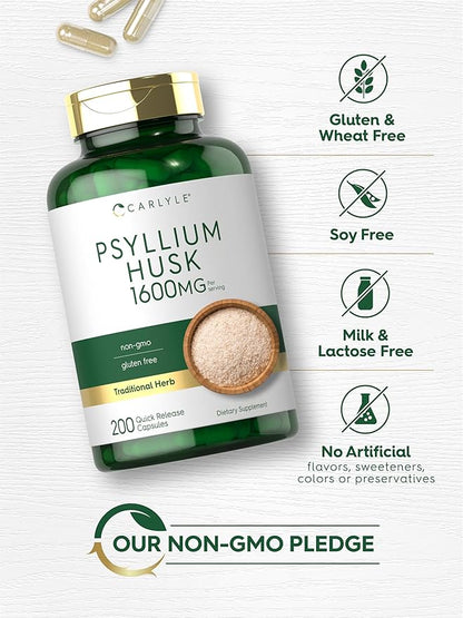 Carlyle Psyllium Husk Capsules | 1600mg | 200 Count | High Potency Fiber Supplement | Non-GMO, Gluten Free