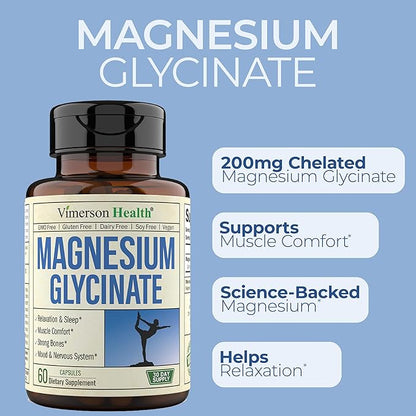 Magnesium Glycinate 200mg Capsules (Glicinato de Magnesio) - Chelated Magnesium 200mg for Restful Sleep, Relaxation, Mood Support, Leg & Muscle Comfort, Bone & Nervous System Health. 60 Vegan Capsules