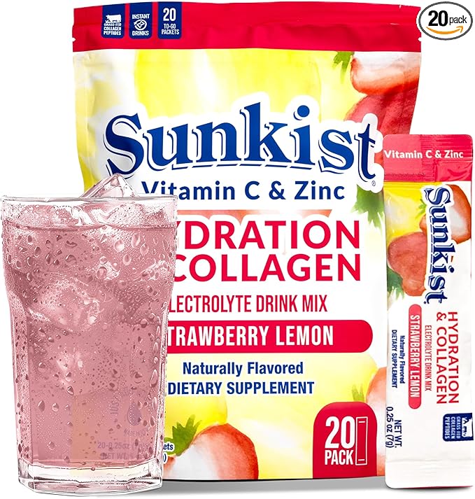 The Frozen Bean Sunkist Collagen Drink Mix - Hydration Strawberry Lemon Electrolyte Drink for Women with Vitamin C, Zinc, Collagen Peptides, Naturally Flavored - 20 Pack