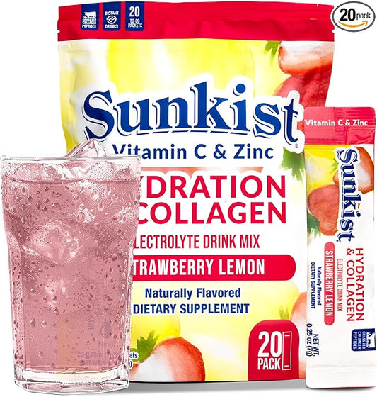 The Frozen Bean Sunkist Collagen Drink Mix - Hydration Strawberry Lemon Electrolyte Drink for Women with Vitamin C, Zinc, Collagen Peptides, Naturally Flavored - 20 Pack