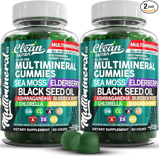 Sea Moss Black Seed Oil Gummies with Ashwagandha Elderberry Burdock Root Chlorella Manuka Honey - Vegan Gummy Vitamins for Adults Kids Men Women-Multimineral Green Apple Flavor by Clean Nutra - 2Pack