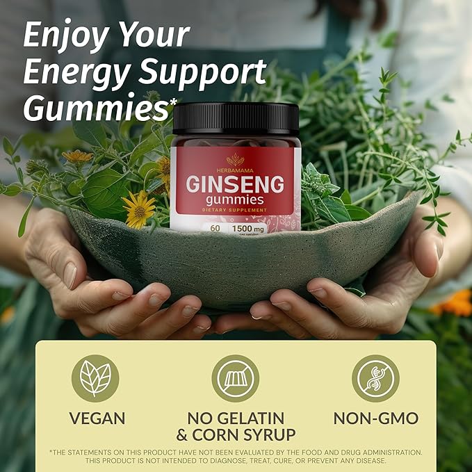 HERBAMAMA Panax Ginseng Gummies - 1500mg Korean Red Ginseng Root for Energy Support - Vegan, Non-GMO Red Panax Immune Support Supplement - 60 Pectin-Based Strawberry-Flavored Chews