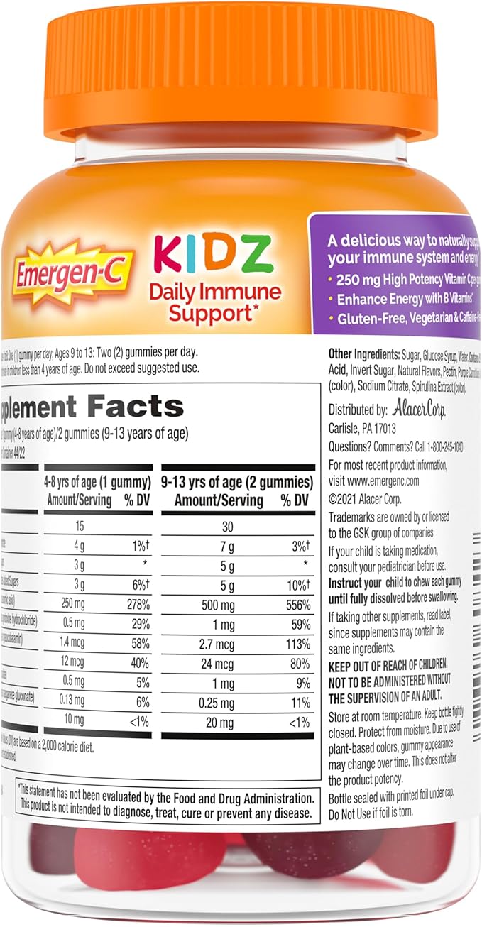 Emergen-C Kidz Daily Immune Support Dietary Supplements, Flavored Gummies with Vitamin C and B Vitamins for Immune Support, Berry Bash - 44 Count