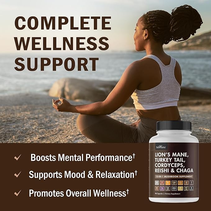 BioSchwartz Mushroom Complex - Organic Lions Mane Supplement Capsule with Reishi, Turkey Tail, Cordyceps, Shiitake, Chaga, Black Pepper for Max Absorption - Supports Energy, Focus, Memory, 90 Count