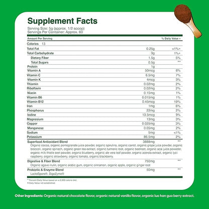 Feel Great USDA Organic Super Greens Powder for Kids - Cocao Chocolate | Fruit & Veggie Supplement | Superfood Powder with Probiotics & Digestive Enzymes for Digestive Health | 60 Days Supply