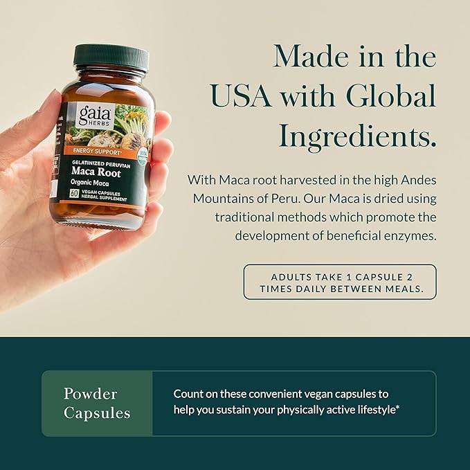 Gaia Herbs Maca Root - Caffeine-Free Natural Energy Supplement - Supports and Maintains Healthy Energy and Stamina - Made with Organic Maca Root (Lepidium meyenii) - 60 Vegan Capsules (30-Day Supply)