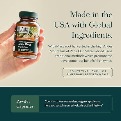 Gaia Herbs Maca Root - Caffeine-Free Natural Energy Supplement - Supports and Maintains Healthy Energy and Stamina - Made with Organic Maca Root (Lepidium meyenii) - 60 Vegan Capsules (30-Day Supply)