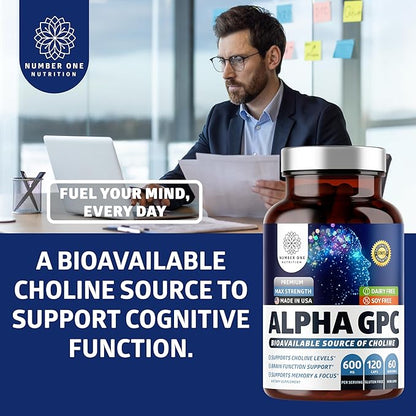 Number One Nutrition Premium Alpha GPC Choline Capsules 600mg, Natural Brain Supplement to Support Focus, Memory, Clarity and Energy, 120 Veg Caps