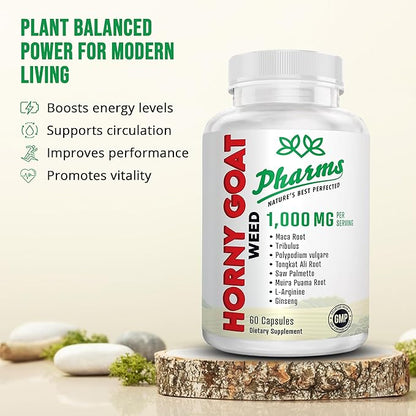 PHARMS Hornygoatweed for Men & Women (1,000 mg) - Energy & Stamina Capsules with Maca Root, Tribulus, Tongkat Ali, Saw Palmetto & Ginseng - Female & Male Performance Enhancing Supplement - 60 Capsules