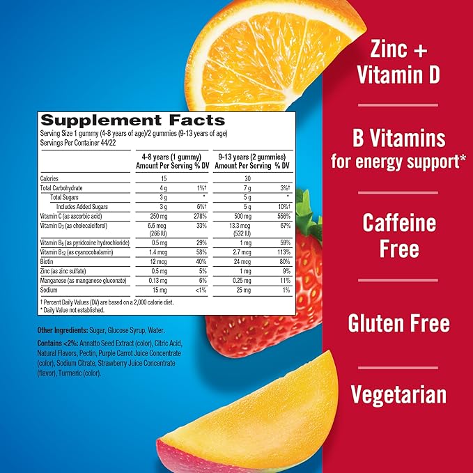 Emergen-C Kidz Immune+ Immune Support Dietary Supplements, Flavored Gummies with Vitamin C, B Vitamins and Vitamin D for Immune Support, Fun-Tastic Fruit Flavored Gummies - 44 Count