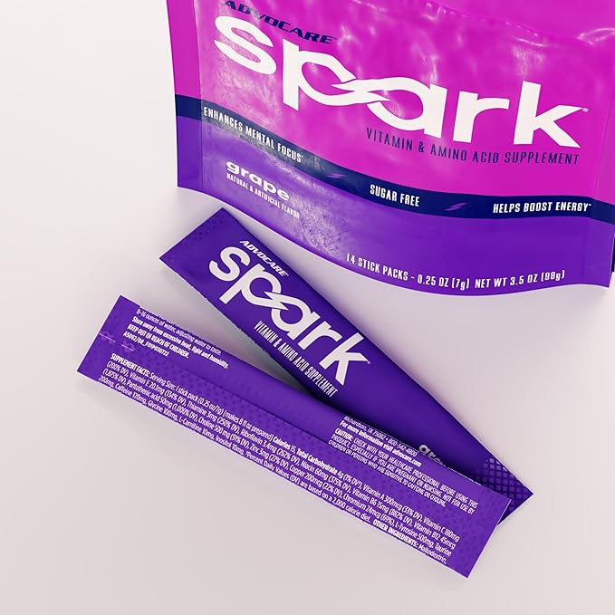 AdvoCare Spark Vitamin & Amino Acid Supplement - Focus & Energy Drink Powder Mix with Vitamin A, B-6, C & E - Also Includes L-Carnitine & L-Tyrosine - Grape, 14 Stick Packs