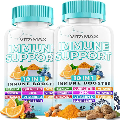 10-in-1 Immune Support with Elderberry, D3, Selenium, Quercetin, Zinc, Vitamin C, Ginger, Turmeric Curcumin, B6, Echinacea – Immune Defense – Made in USA (60 Count (Pack of 2))
