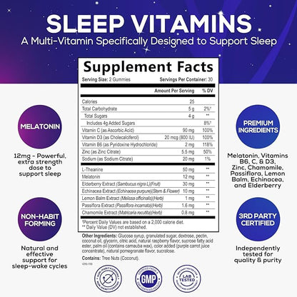 Sleep Gummies - 12mg Melatonin Natural Sleep Vitamin Supplement Formula with L-theanine, Chamomile, & Lemon Balm - Extra Strength Sleep Gummy, Non-Habit Forming Restful Sleep Women & Men - 60 Gummies