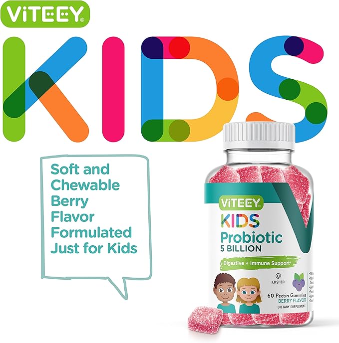 Probiotic Gummies for Kids - 5 Billion CFUs - Probiotics Kids Constipation Relief, Natural Immune & Digestive Health Support - Vegetarian, Gelatin Free, GMO Free - Tasty Chewable Berry Flavored Gummy