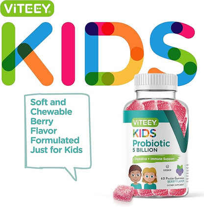 Probiotic Gummies for Kids - 5 Billion CFUs - Probiotics Kids Constipation Relief, Natural Immune & Digestive Health Support - Vegetarian, Gelatin Free, GMO Free - Tasty Chewable Berry Flavored Gummy
