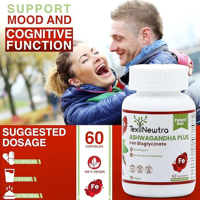 Ashwagandha with Iron Bisglycinate - 300mg & Bioavailable Iron 10mg - 60 Capsules