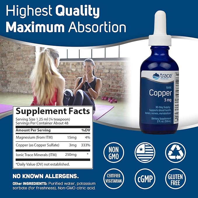 Trace Minerals Ionic Copper - Bone & Energy Support Supplement - Copper Supplement to Support Enzymatic Reactions - Liquid Supplement to Aid Healthy Connective Tissue - 2 fl oz (About 48 Servings)