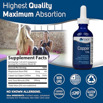 Trace Minerals Ionic Copper - Bone & Energy Support Supplement - Copper Supplement to Support Enzymatic Reactions - Liquid Supplement to Aid Healthy Connective Tissue - 2 fl oz (About 48 Servings)