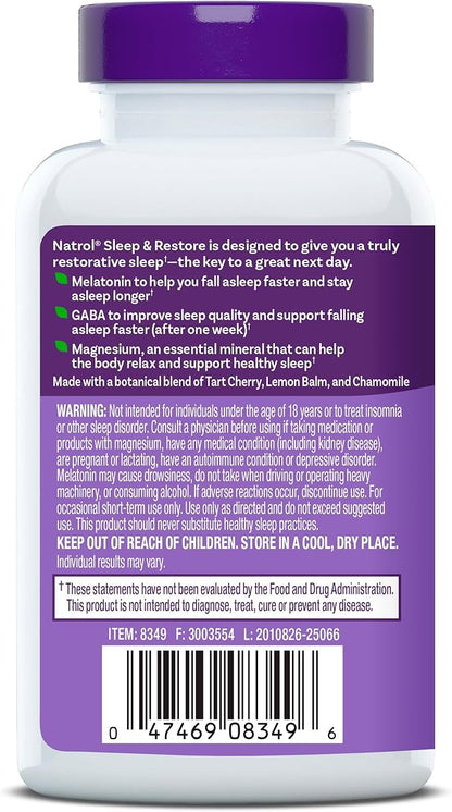 Natrol Sleep & Restore Capsules - Calm Magnesium Glycinate, Magnesium Sleep Aid with GABA, Melatonin 5mg, Botanical Blend, 30 Day Supply