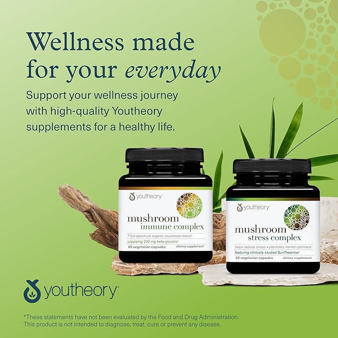 Youtheory Mushroom Immune Complex - Vegan Immune Support Supplement* - Organic Mushroom Blend with Chaga, Cordyceps, Lion's Mane, Maitake & More - 60 Vegetarian Capsules