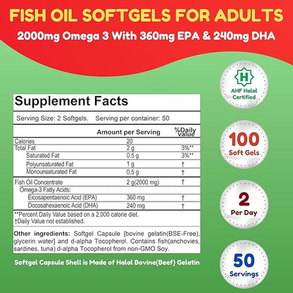 Halal Fish Oil 2000mg Softgels with 360mg EPA & 240mg DHA. 100 Wild Caught & Non-GMO Omega 3 Softgels for Heart & Brain Health. Burpless, Easy-to-Swallow Fish Oil Omega 3 Supplements