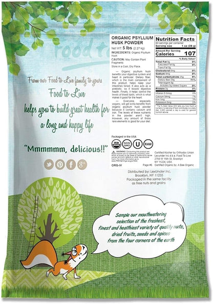 Food to Live Organic Psyllium Husk Powder, 5 Pounds — Non-GMO, Kosher, Ultra Fine, Unsweetened, Unflavored, Rich in Fiber, Natural Food Thickener, Great for Baking, Raw, Bulk, Vegan, Keto Friendly