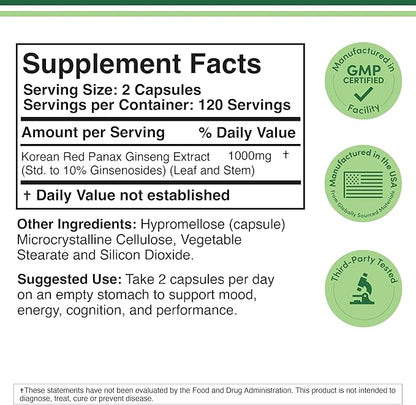 Ginseng Capsules (Korean Red Ginseng Extract, Panax Ginseng 10% Ginsenosides) (4 Month Supply) 240 Vegan Capsules - 1,000mg per Serving for Mood, Cognitive Function and Energy Support by Double Wood