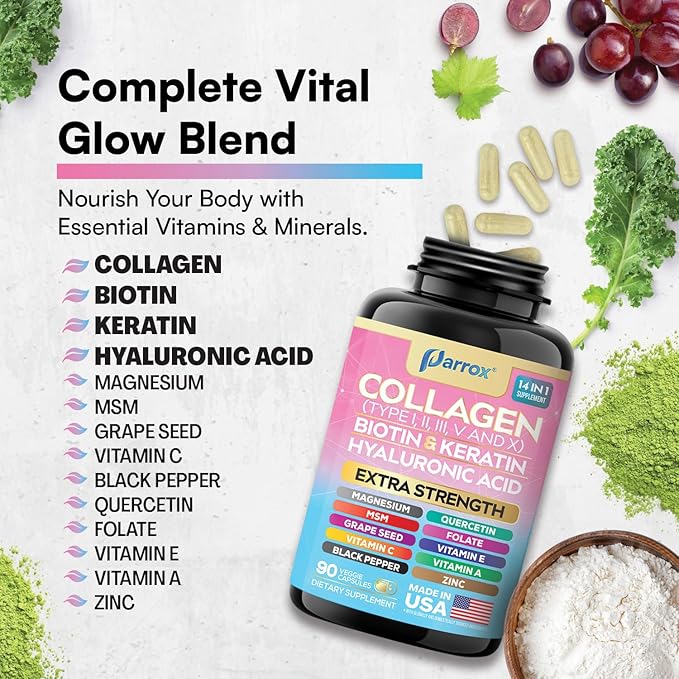 Collagen Peptides Types I, II, III, V & X, MCG Biotin, Keratin, Hyaluronic Acid, MSM, Zinc, Grape Seed Extract, Quercetin, Vitamin A, Vitamin C, Vitamin E, Magnesium, Folic Acid (90 Capsules)