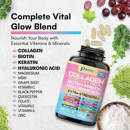 Collagen Peptides Types I, II, III, V & X, MCG Biotin, Keratin, Hyaluronic Acid, MSM, Zinc, Grape Seed Extract, Quercetin, Vitamin A, Vitamin C, Vitamin E, Magnesium, Folic Acid (90 Capsules)