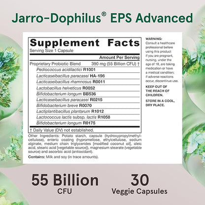 Jarrow Formulas Jarro-Dophilus EPS Advanced, 55 Billion CFU Probiotics, Digestive Support for Adults, 30 Probiotic Supplement Veggie Capsules, Up to 30 Day Supply