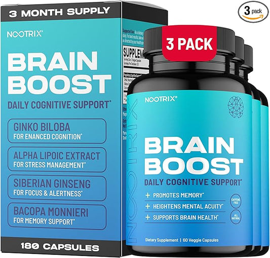 Brain Boost Nootropic Supplement | Supports Memory, Mental Focus, Cognitive Health & Energy | Promotes Healthy Mood & Brain Function | Ginkgo Biloba & DMAE | 180 Capsules