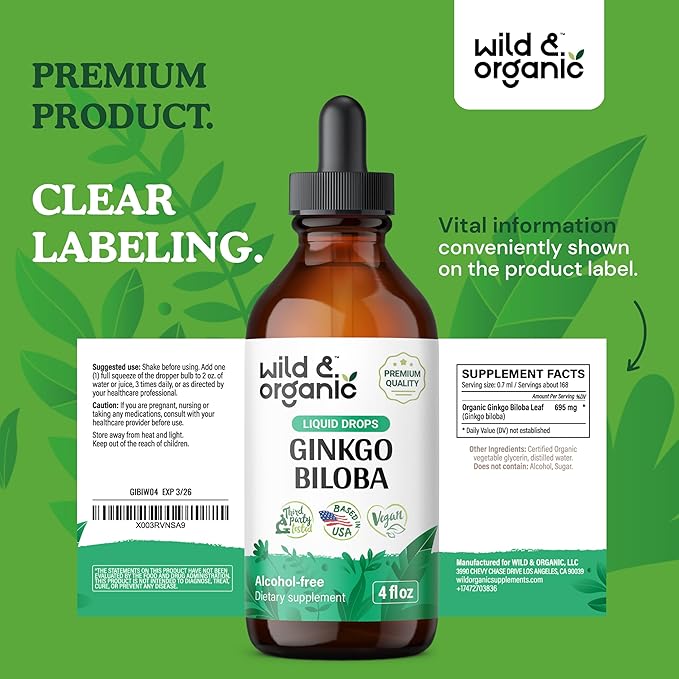 Wild & Organic Ginkgo Biloba Extract Drops - Brain & Focus Support - Liquid Ginkgo Biloba Supplements - Vegan, Sugar & Alcohol-Free Herbal Tincture - 4 fl oz