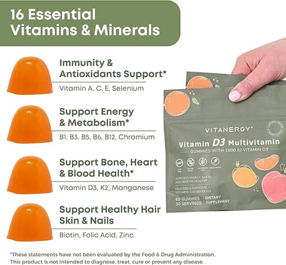 Multivitamin Gummies for Women,1000IU D3 and K2, 16 Essential Nutrients, Bone, Heart and Immune Support, Vegan and Sugar-Free, Mango Orange Flavor, Portable Pouch, Made in USA, 60 Count