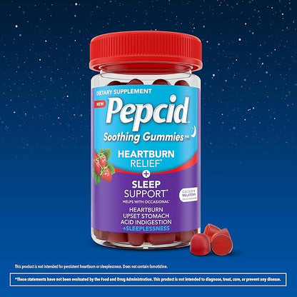 Pepcid Soothing Gummies, Heartburn Relief + Sleep Support Gummies Help Occasional Heartburn, Upset Stomach, Acid Indigestion + Sleeplessness, Calcium & Melatonin, Strawberry, 32 ct