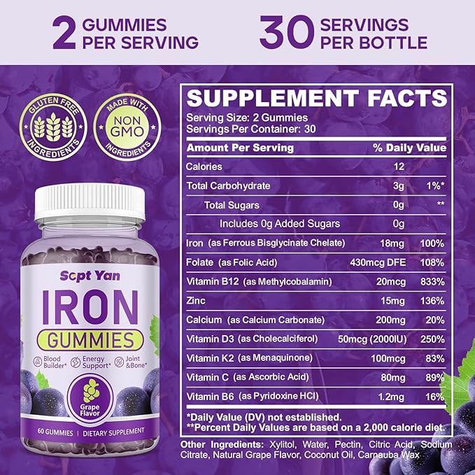 Iron Gummies for Women and Men, Iron Gummies with Folate, Vitamin B12, Zinc & D3 for Blood Building, Energy Boost, Immune Support & Bone Health, Gentle Absorption, Vegan,Grape Favour 60ct
