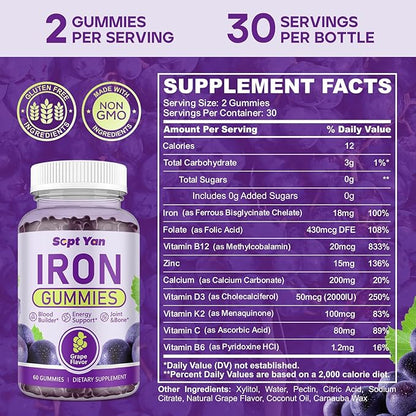 Iron Gummies for Women and Men, Iron Gummies with Folate, Vitamin B12, Zinc & D3 for Blood Building, Energy Boost, Immune Support & Bone Health, Gentle Absorption, Vegan,Grape Favour 60ct