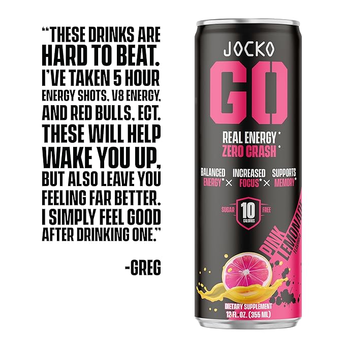 Jocko GO Energy Drink - KETO, Vitamin B12, Vitamin B6, Electrolytes, L Theanine, Magnesium- Energy Boost, Sugar Free Nootropic Monk Fruit Blend - 12 Pack (Pink Lemonade)