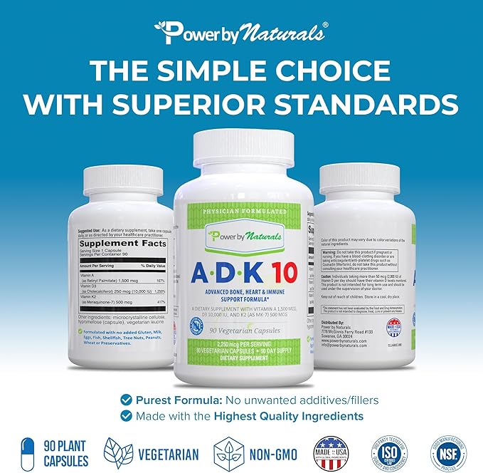 Power By Naturals ADK Vitamin Supplement – ADK 10 High Potency with Vitamins A, D3 10,000 IU & K2 MK7 for Superior Heart, Immune & Bone Health Support – 90 Capsules, 1 Pack (3-Month Supply)