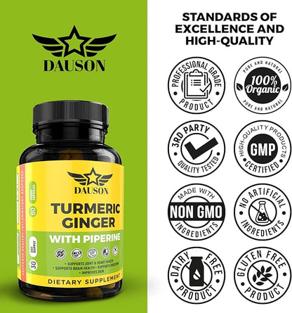 Turmeric Ginger Piperine Supplement – High Bioavailability Curcumin for Joint, Gut, Heart, Brain & Skin Health Support | Immune Booster | 60 Capsules